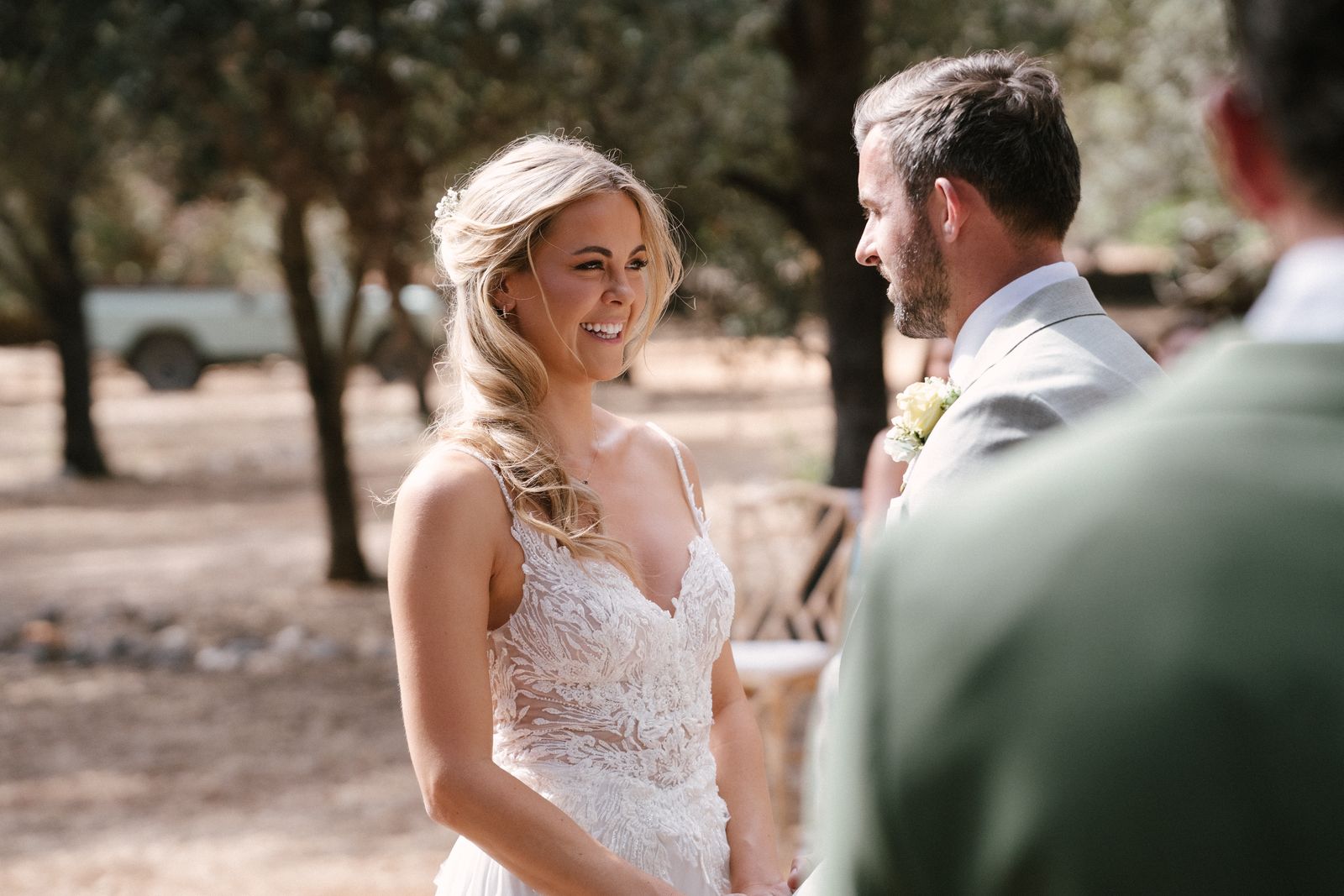 Woodland wedding ceremony under the old trees at Finca Binissatí, Mallorca