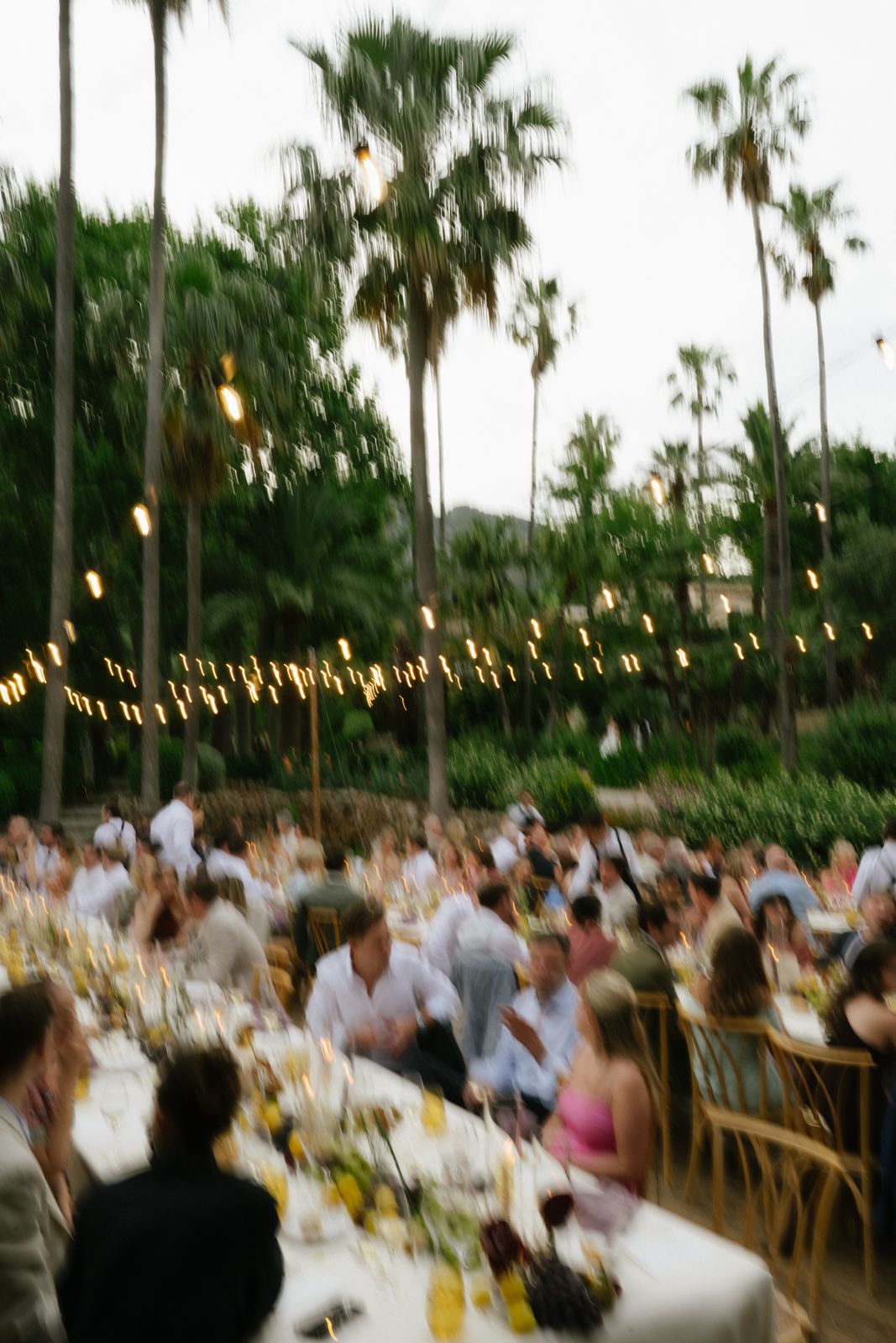 Long tables dressed with figs and peaches at Jardines de Alfabia, Mallorca