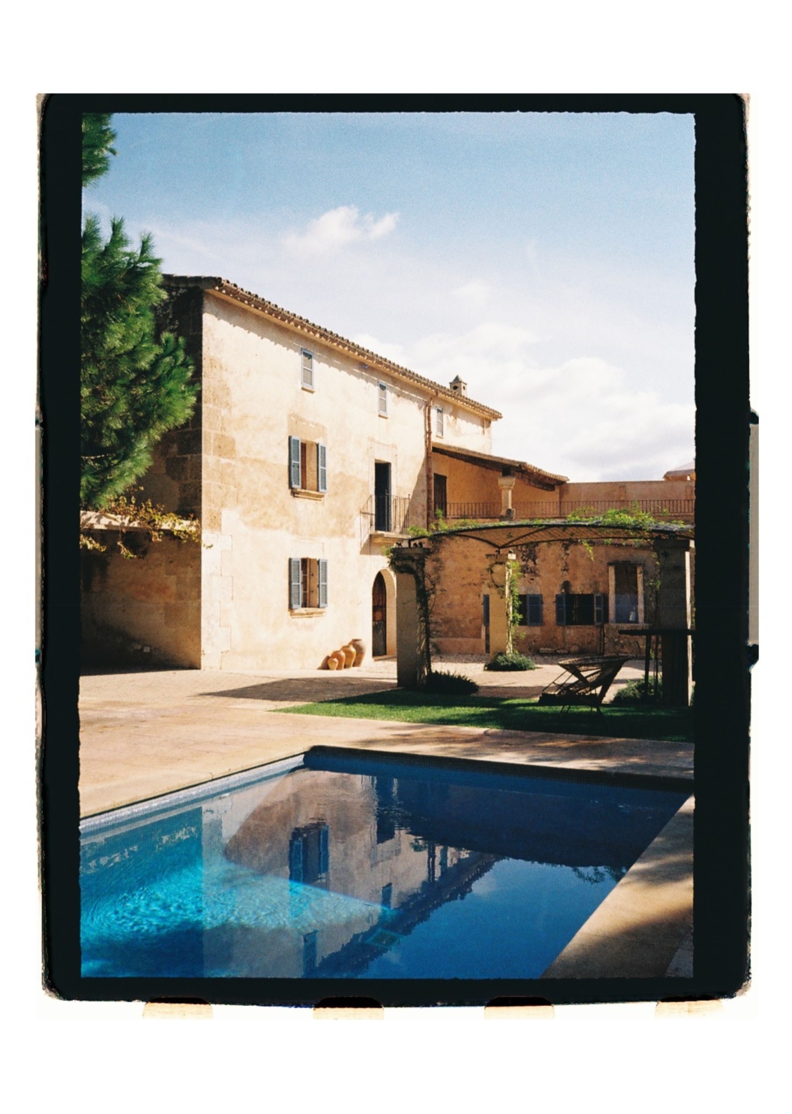 The stone house and pool at Son Sampol, Llucmajor, Mallorca, photographed on 35mm film