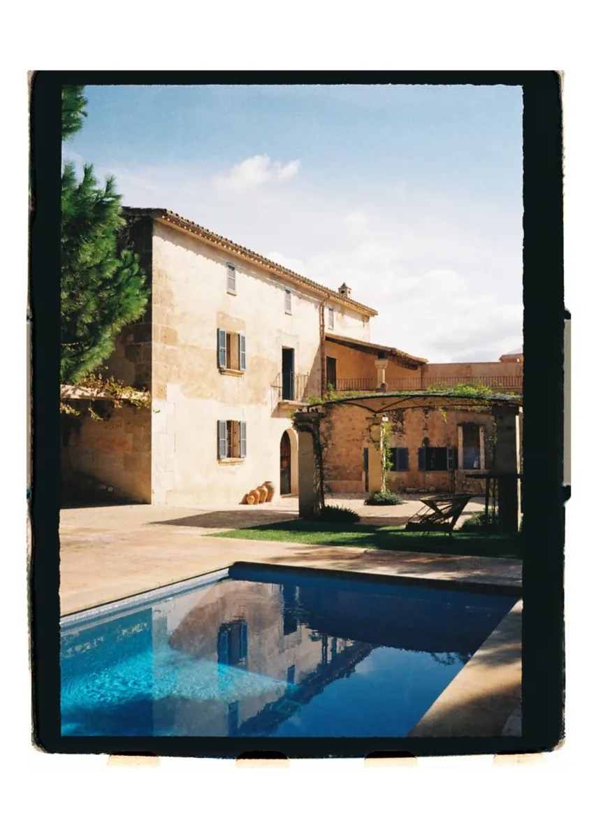 The stone house and pool at Son Sampol, Llucmajor, Mallorca, photographed on 35mm film