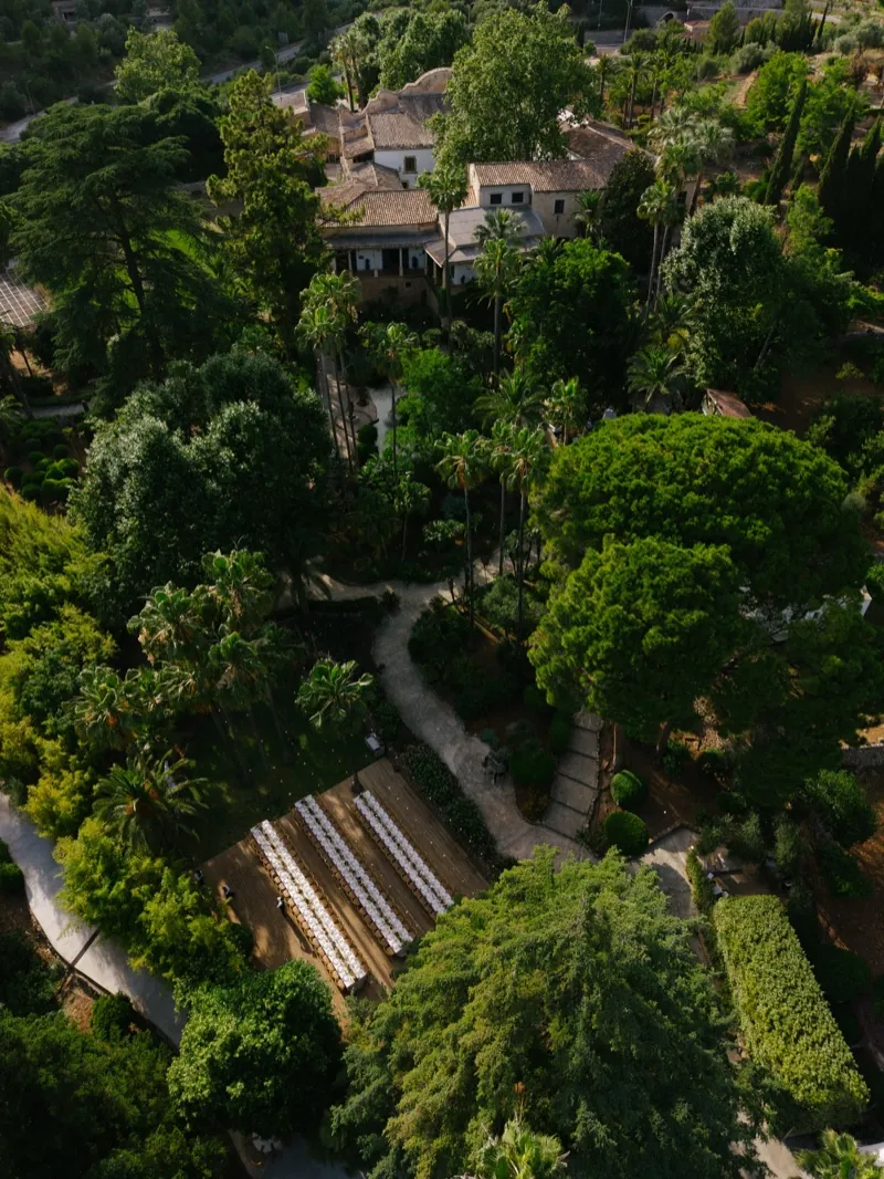 The gardens from the air, the long table set among the trees, Jardines de Alfabia, Mallorca