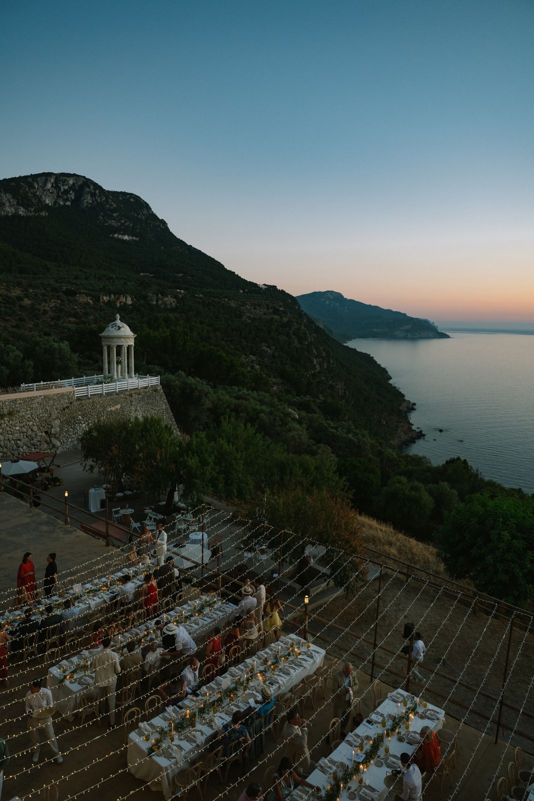 Wedding dinner at dusk at Son Marroig, Deià, Mallorca