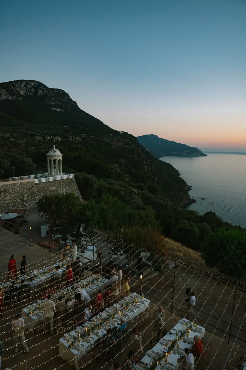 Wedding dinner at dusk at Son Marroig, Deià, Mallorca