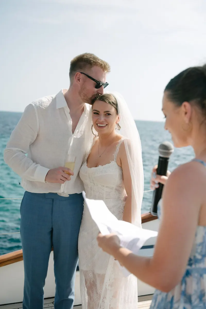 Wedding ceremony on the deck of Falcao Uno, off Palma, Mallorca
