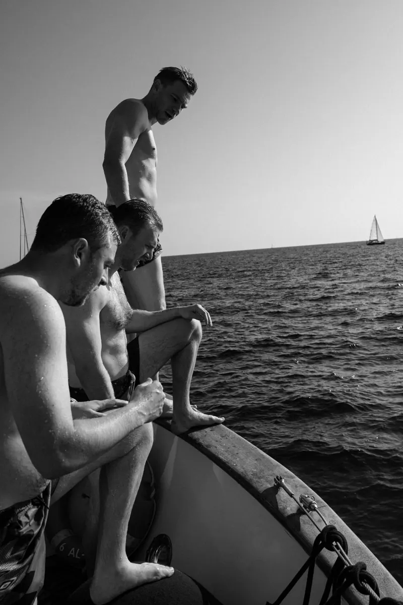Guests swimming off Falcao Uno, bay of Palma, Mallorca