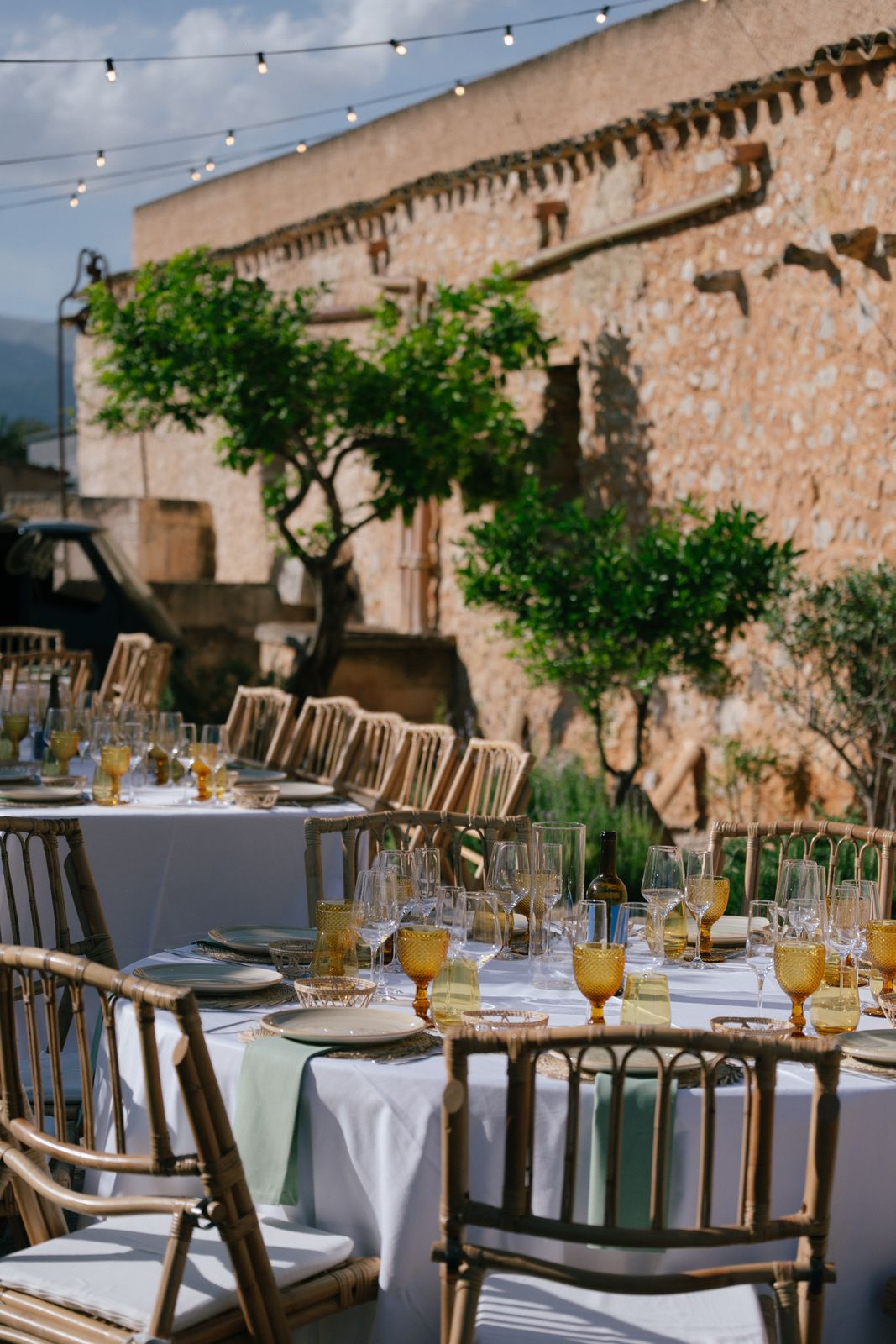 Golden hour dinner in the orange grove at Finca Binissatí, Mallorca