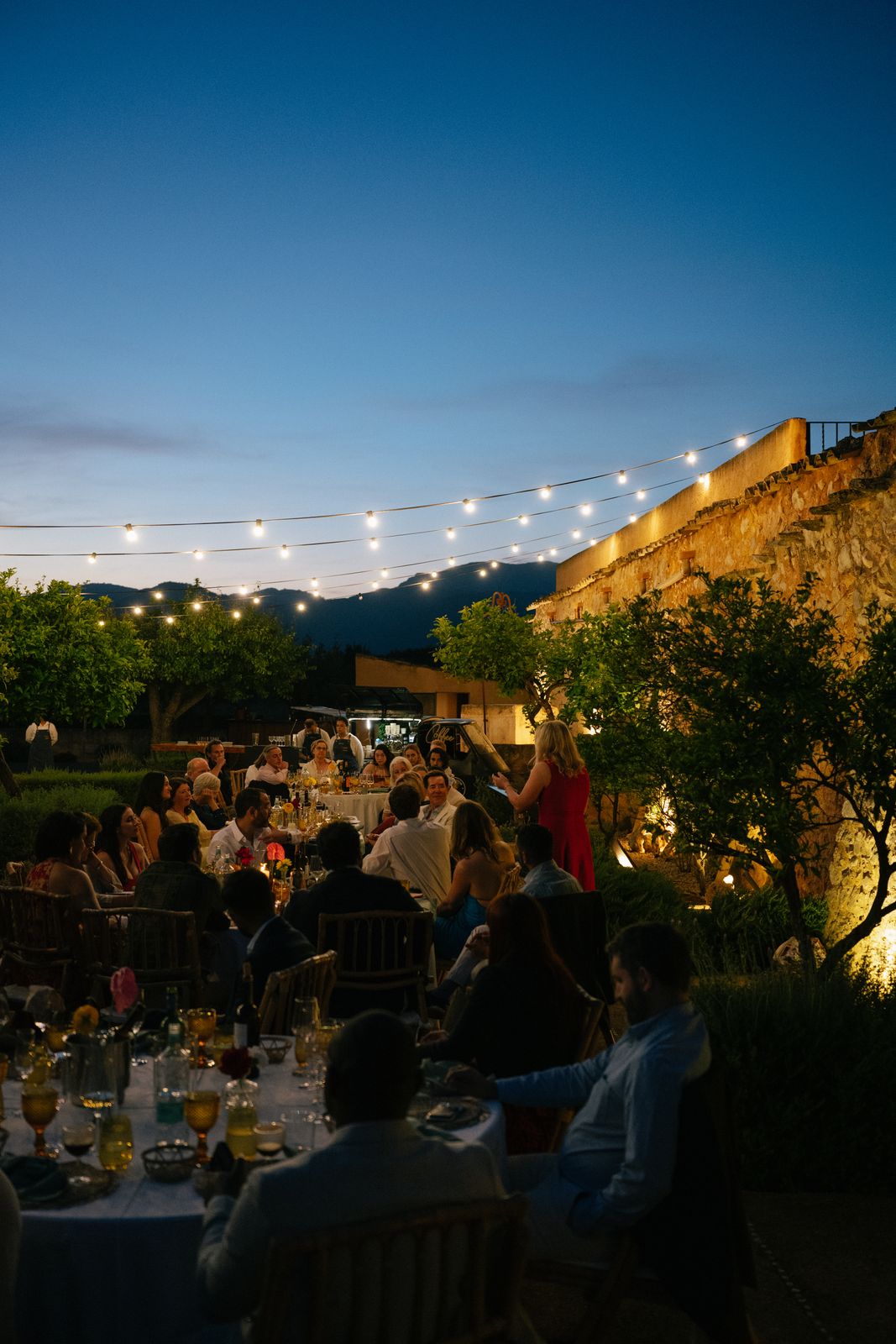 Golden hour dinner in the orange grove at Finca Binissatí, Mallorca