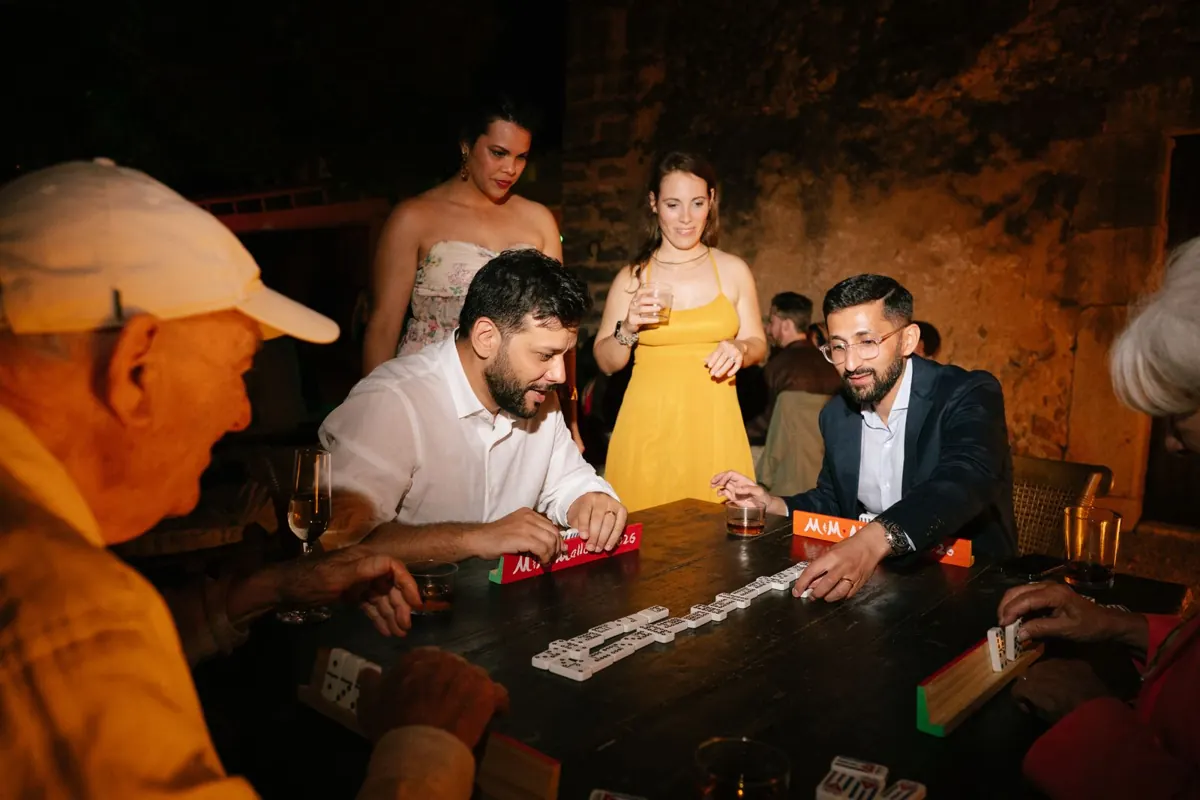 Salsa and dominos in the clastra at Finca Binissatí, Mallorca