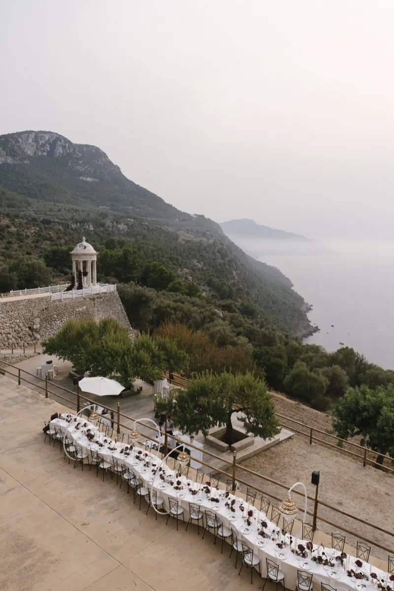The clifftop rotunda and the long dinner tables above the sea, Son Marroig, Deià, Mallorca